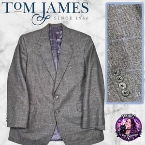 VTG Tom James Blazer Men 48R Grey Wool Windowpane Tweed Hand Tailored Union Made